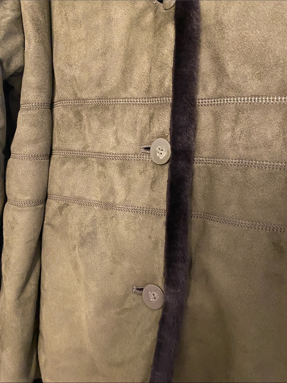 Regent Park Olive Faux-Suede Jacket with Dark Fur Trim, no signs of wear - Picture 3 of 9